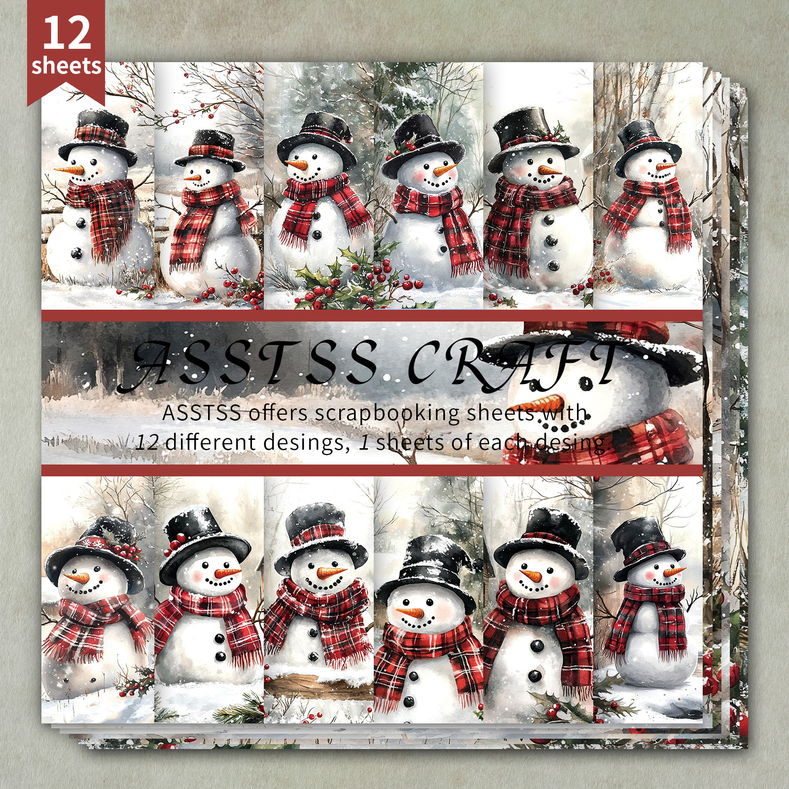TEMU Bloc de papier scrapbooking ASSTSS de 12 feuilles avec un adorable motif de de neige pour Noël, fabriqué en carton épais adapté au journaling, à