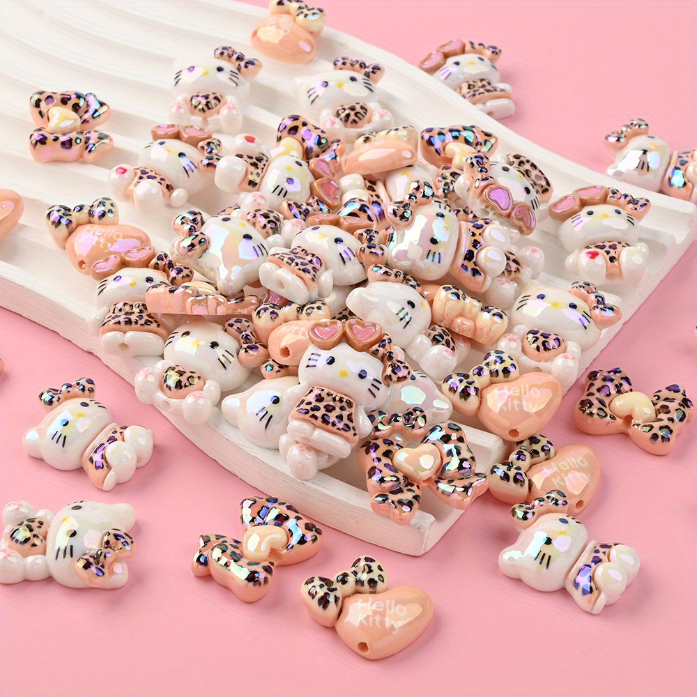 Image of 10pcs Resin Leopard Print Beads Featuring Hello Kitty Designs, Including Cute And Delicate Leopard Print Bows And Heart Shapes. Jewelry Creative Additions Are Unique Decorations For Crafts