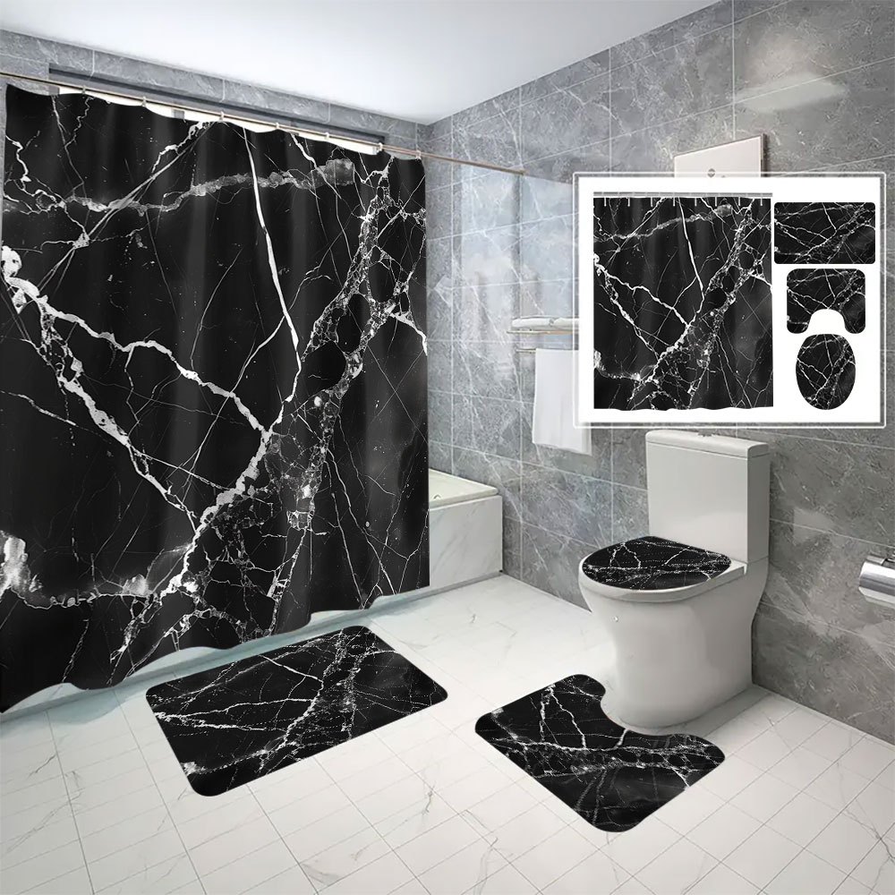 

Waterproof Black & Print Shower Curtain With Hooks - Machine Washable Polyester Bathroom Decor, Separate,