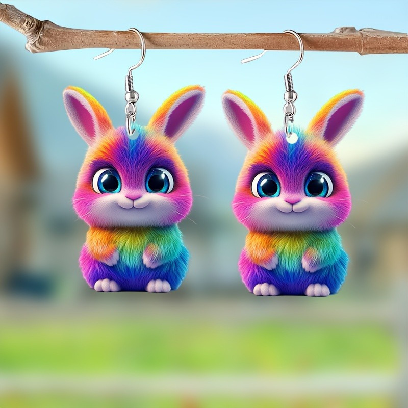 Charming Rainbow Rabbit Acrylic Pendant Earrings for Women