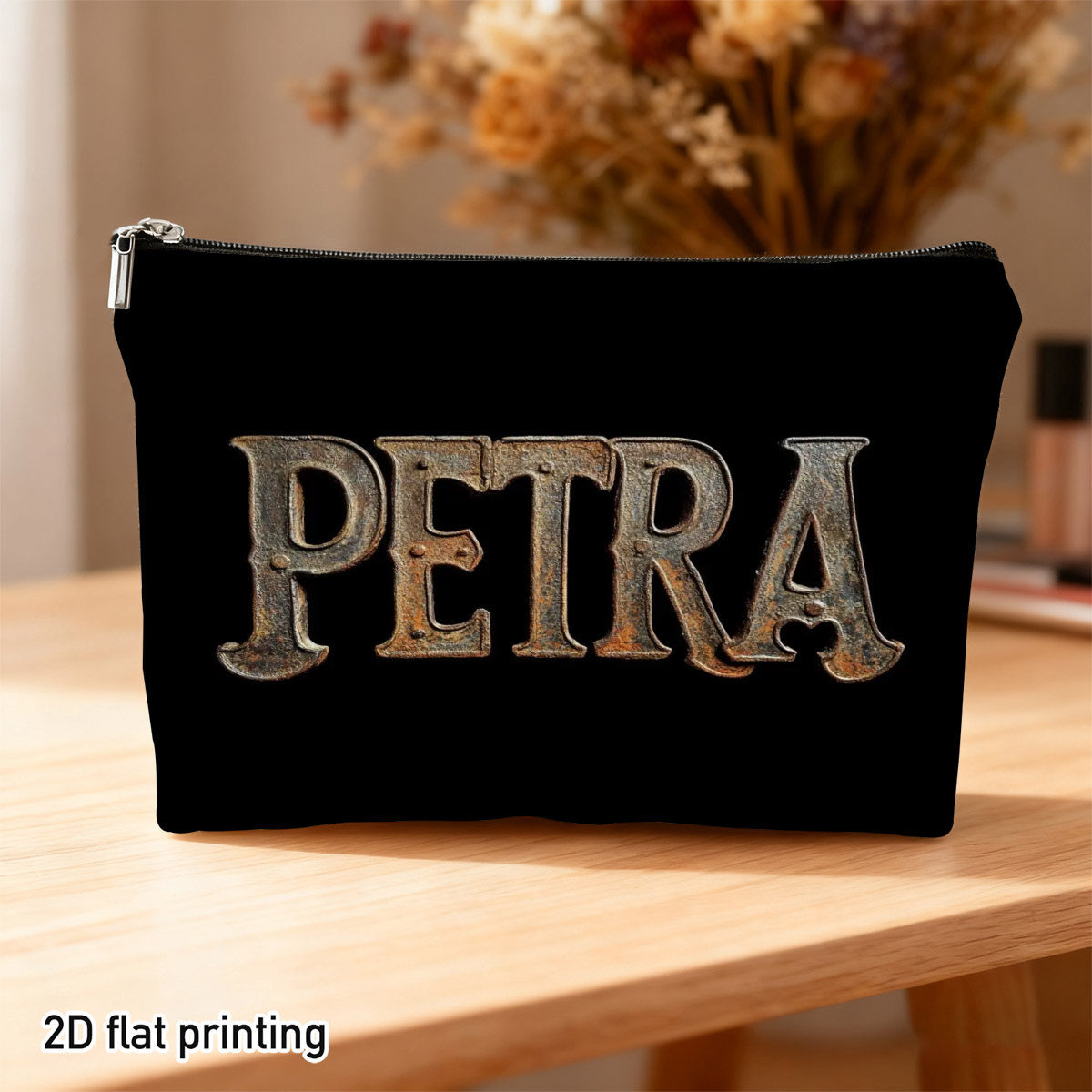 1pc A Two-dimensional Flat Vintage Petra Lettering Cosmetic Bag Made Of Durable Polyester, Featuring Duplex Prints With A Rustic Metal Texture Design. Lightweight And Serves As A Cosmetic Organizer