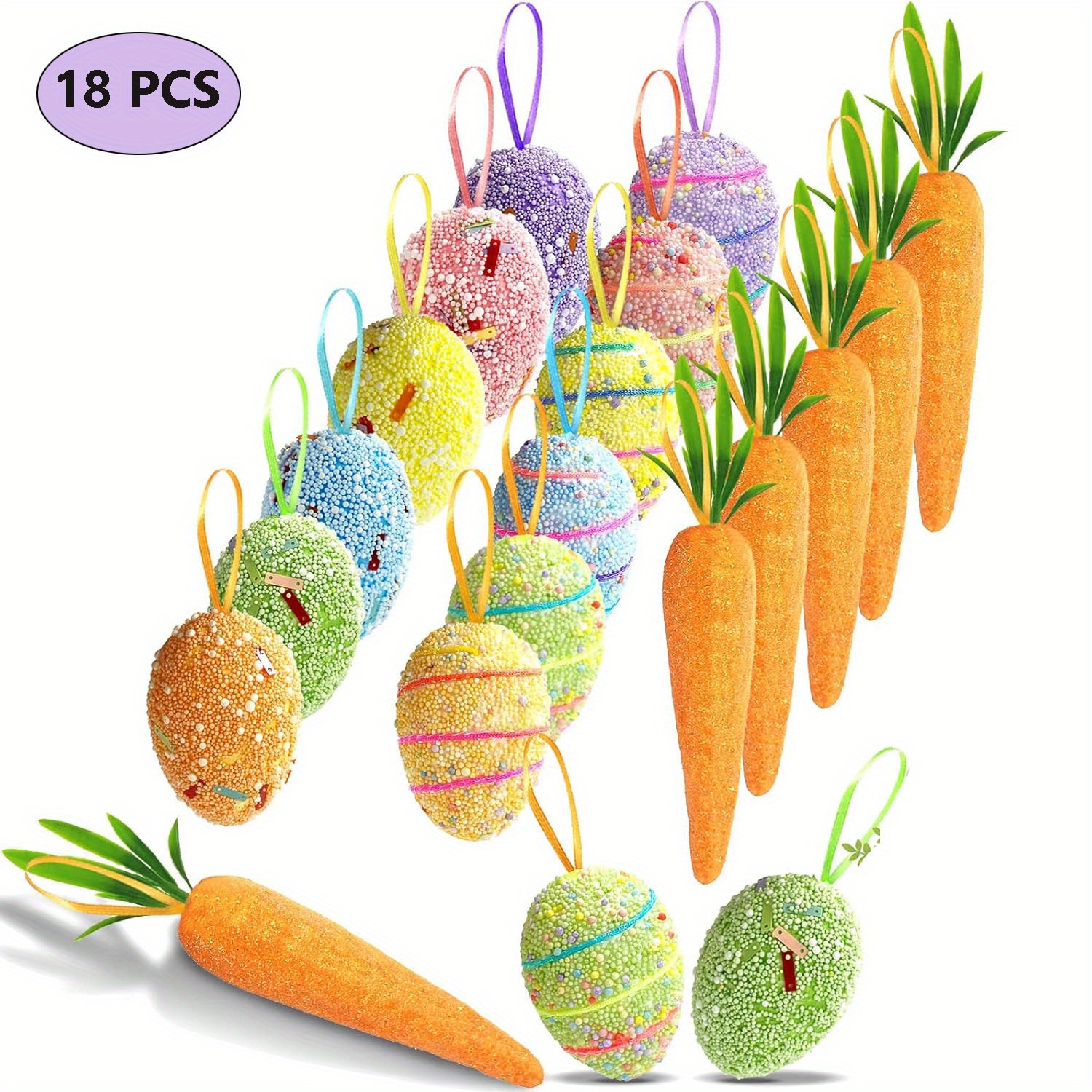 

18pcs Vibrant Easter Egg & Hanging Ornaments Set - Glitter Foam Decorations With Stripes, & Floral Patterns For & Party Crafts, Hanging Decorations