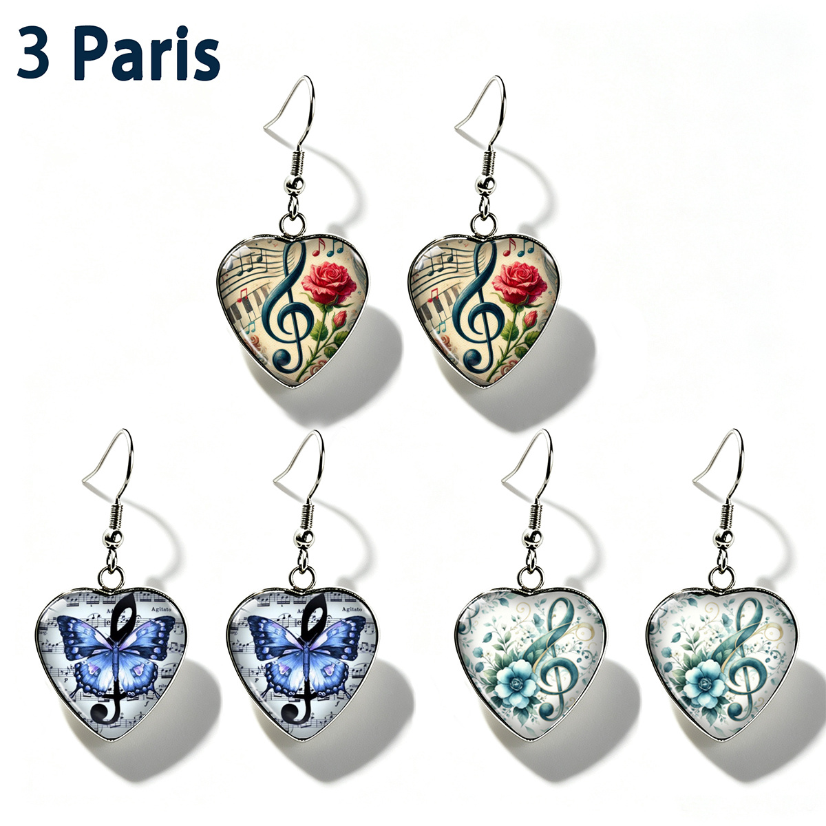 TEMU Lot de 3 paires de boucles d'oreilles de cœur avec imprimé de note de musique, rose, et motif floral, accessoires d'oreille unisexes et