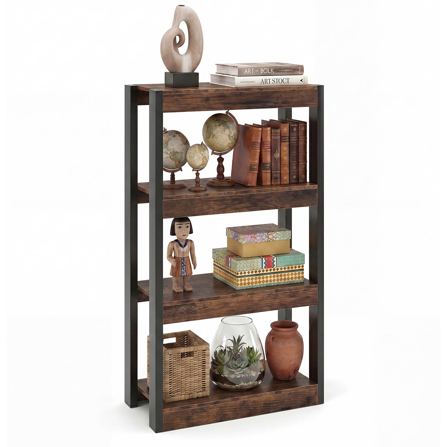 4-tier Standing Shelf Unit, 2pcs Anti-toppling Devices, Shelf Storage Rack For Living Room Bedroom Kitchen, Rustic Brown And Black
