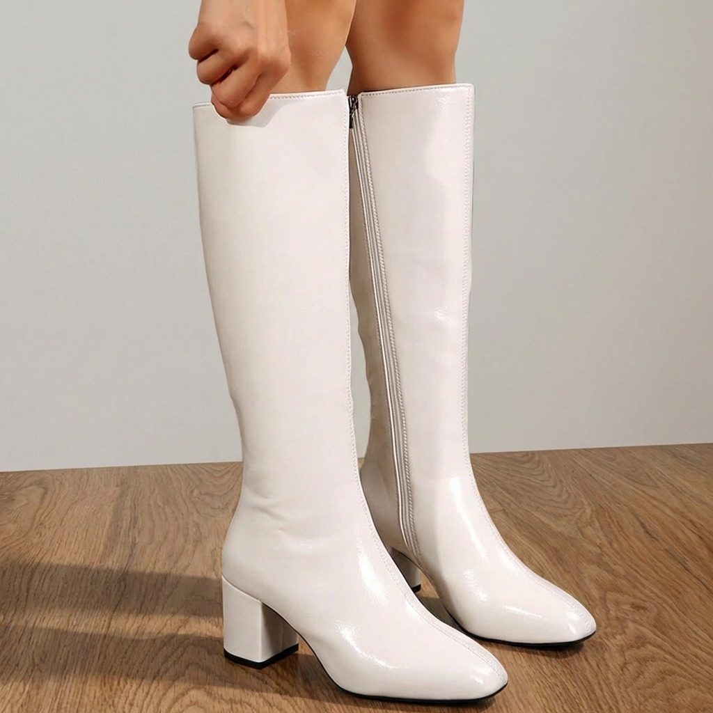 TEMU Stylish Knee-high Boots For Women With A Modern Urban Vibe, Featuring A Chunky Heel And Zipper Design. Versatile For , Pair Well With Pleated