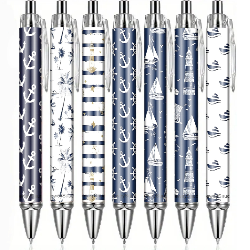 Image of 7pcs Nautical Theme Ballpoint Pen Set, Creative Pattern Black Retractable Office Supplies With Cute Fine Tip For Party Gifts Souvenirs Decorations
