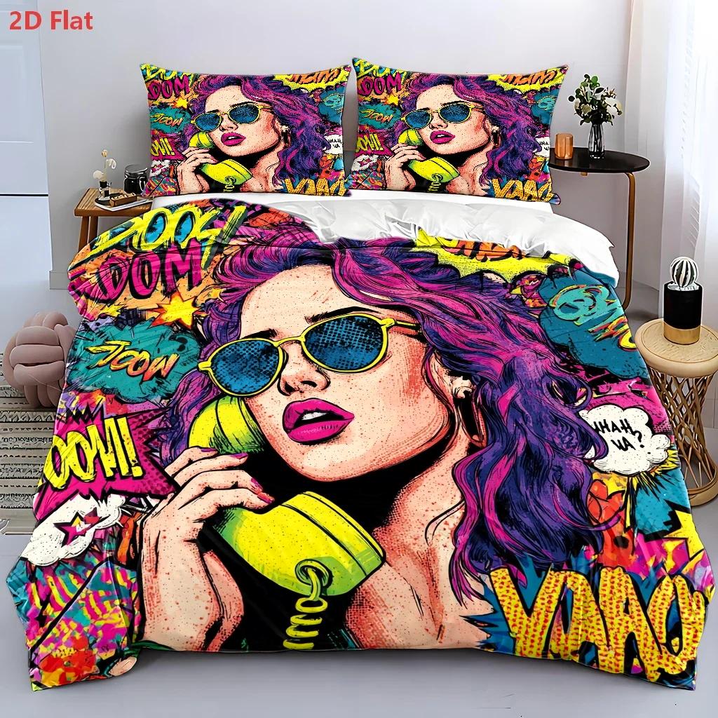TEMU 3pcs Duvet Cover Set, 1 Duvet Cover   2 Pillowcases, No Filler, Colorful Explosion Pattern, Vintage Comic Style, , , Machine Washable, Invisible