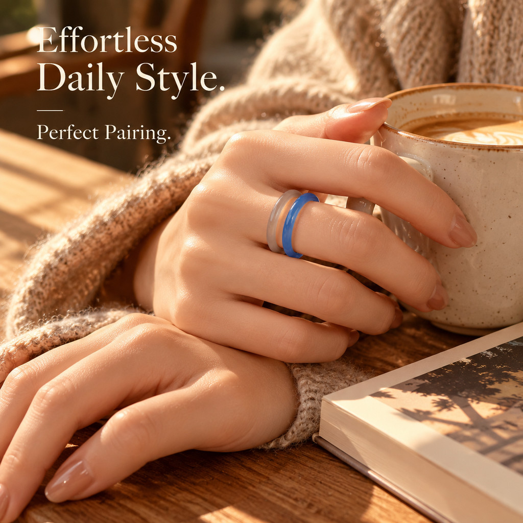 2pcs Natural Stone Ring Set - Gray & Blue Agate