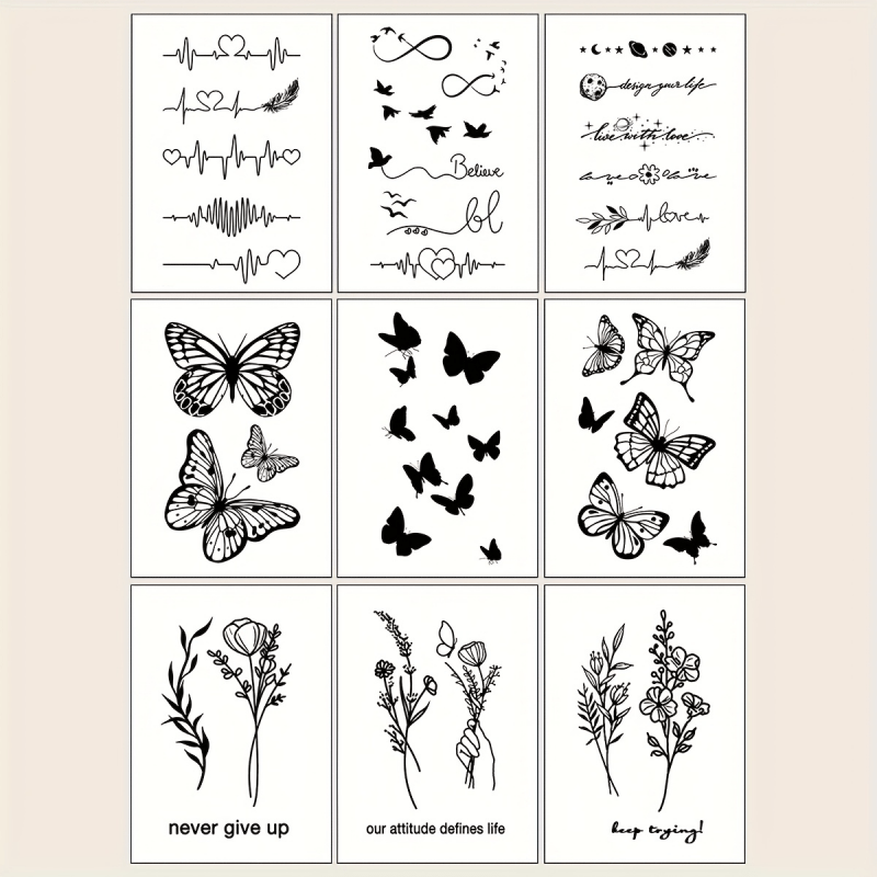 Image of 9pcs Black Minimalist Tattoos - Cute Small Fresh Patterns With Heartbeat Lines, Designs, And Inspirational English Phrases, Temporary Waterproof Tattoo Stickers For