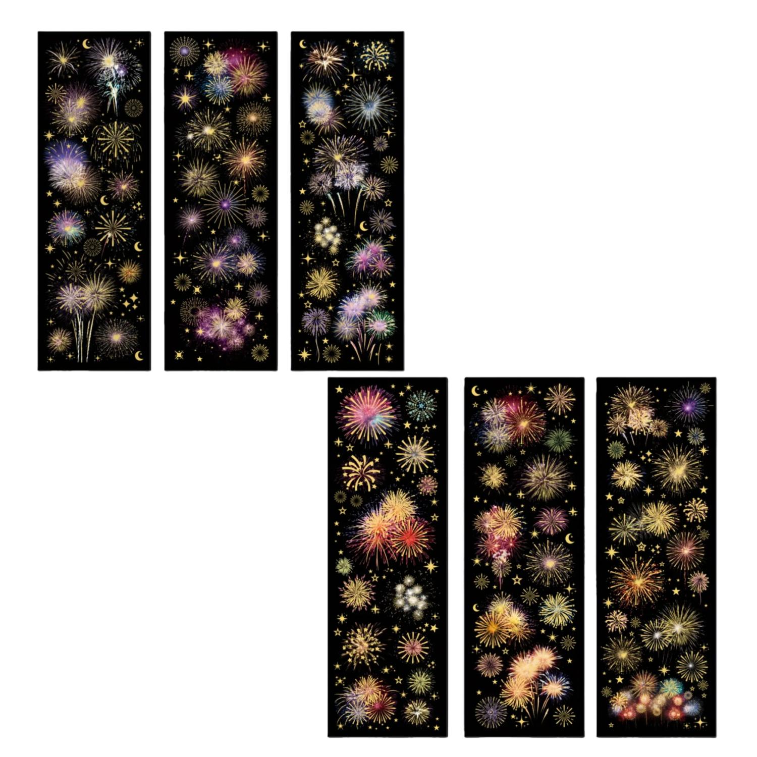Image of 6 Sheets Vintage Fireworks Stickers - Multicolor Glittery Irregular Shapes, Self-adhesive Plastic Decals For Junk Journals, Crafts & Embellishments, Craft Stickers | Fireworks Design | Glossy Finish