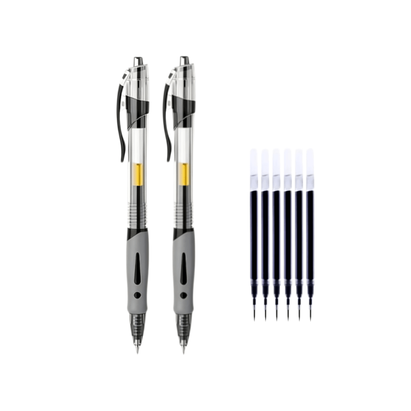 TEMU 8pcs High-capacity Gel Pen Set, 2 Pens + 6 Refills, 0.5mm Fine Point, Black Ink,, Comfortable Grip, Quick-drying, Smooth Writing, Ideal For