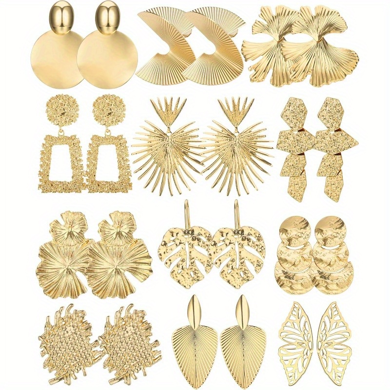 Image of 12 Pairs Geometric Earrings Exaggerated Statement Earrings For Women Large Boho Drop Dangle Earrings Fashion Leaf Sectored Twisted Geometric Earring Set For Music Festival & Party Wear, Perfect Gift