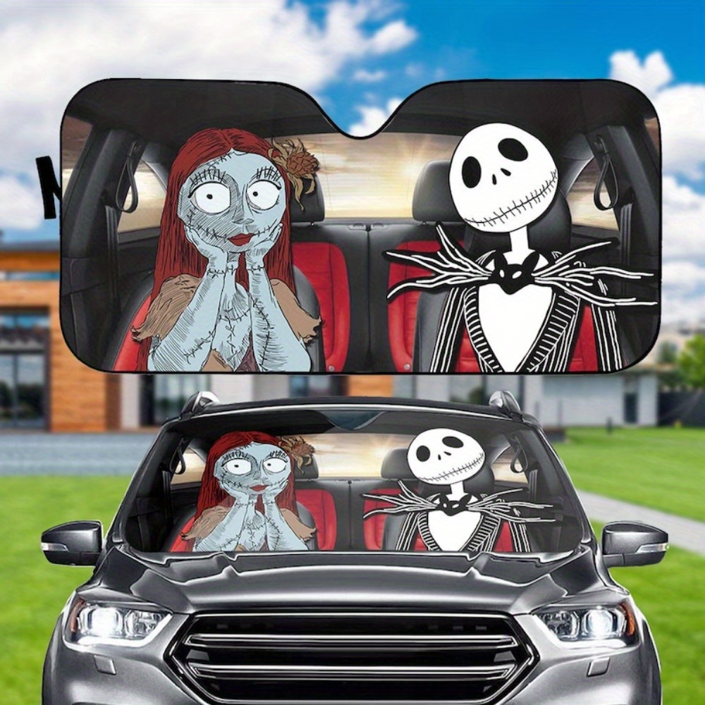 

For And Car Sunshade, Before Christmas Windshield Sun Protector, Halloween Couple Gift, Cartoon Design, Uv Protection, Foldable Accordion Style Visor For Universal Fit