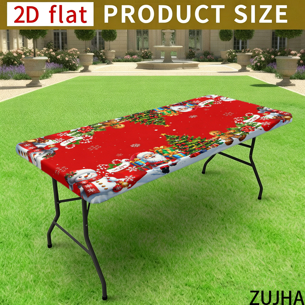 TEMU 1pc 1pcs Semi-wrap Elastic Table Cover With Snowman Santa Tree Print - Stretch Fitted Table Protector Suitable For Kitchen, Dining Room, Patio,