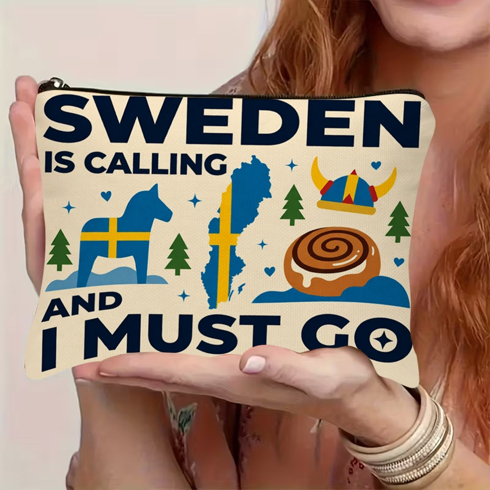 TEMU 1 stuks 2D platgedrukte cosmetische tas met Zweedse thema, ritssluiting, vrolijke prints: "SWEDEN IS CALLING AND I " tekst, Zweeds Dala paard,