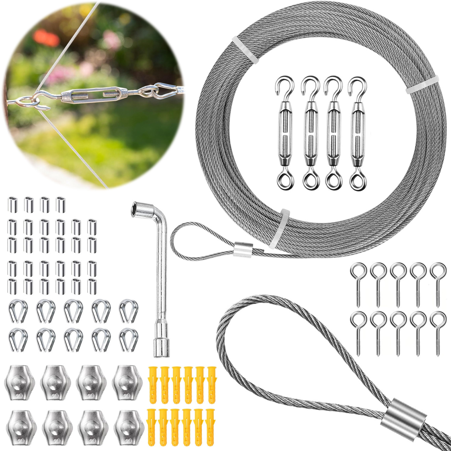 29m*3mm Stainless Steel Wire Rope Set With 4 Tensioners, Durable Hanging Accessory For Garden Patio And Outdoor Yard Layout Use