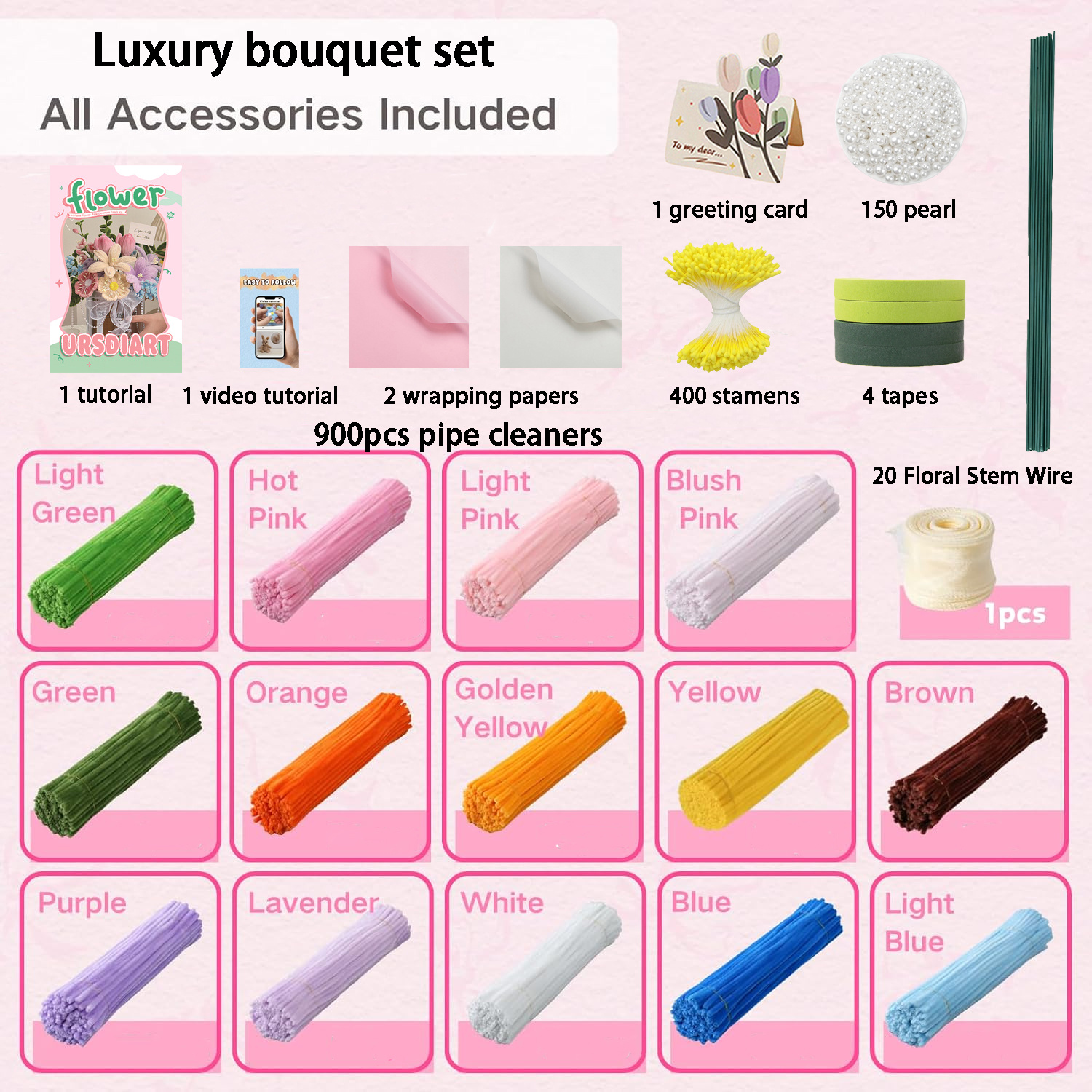 Image of 1480pcs Bouquet Kit Featuring Vibrant Chenille Pipe Cleaners Along With Premium Additions For Crafting, Featuring And Flexible Stems, Each Measuring 12 Inches For Art And