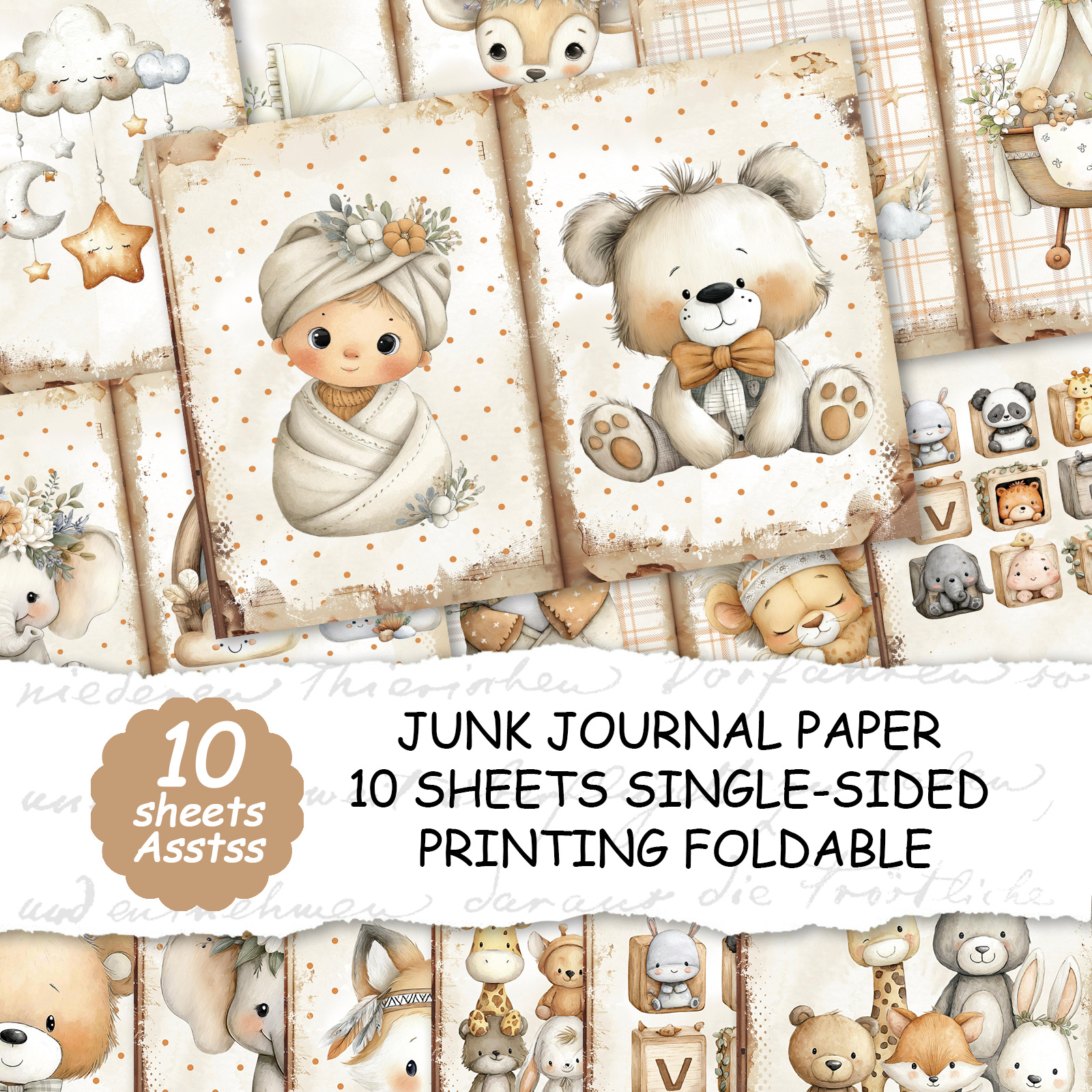 TEMU ASSTSS 10 Feuilles de Papier A4, Série Bébé Style Bohème, Papier de Base Décoratif, Kit de Loisirs Créatifs, Journal Junk, Magazine Vintage et