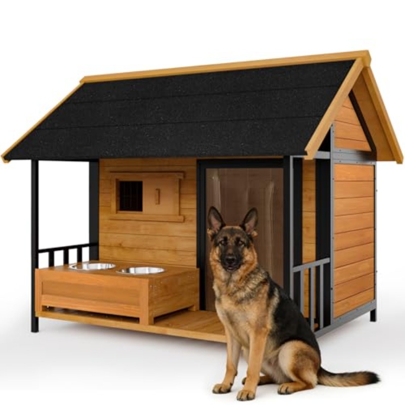 Large Dog House with Dog Bowls Stand, Outdoor Weatherproof XL Dog Kennel with Openable Roof, Easy Assembly     Design for Outside Medium Big   Breed Dogs
