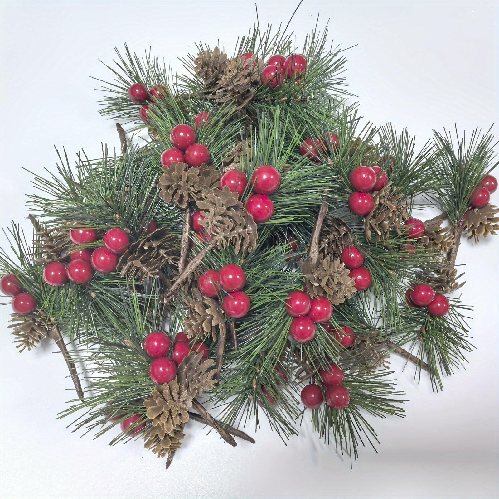 Image of 24pcs Artificial Pine Picks With Red Berries And Plastic Pinecones, Americana Style Pine Needle , Plastic Christmas Craft Greens For Diy Wreaths, Seasonal Decor Without Electricity, Featherless