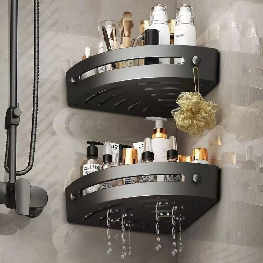 no drill 2 tier corner bathroom shelf heavy duty   plastic shower organizer with   wall mounted installation space saving 2 shelf unit suitable for shampoo toiletries   installation no drilling required