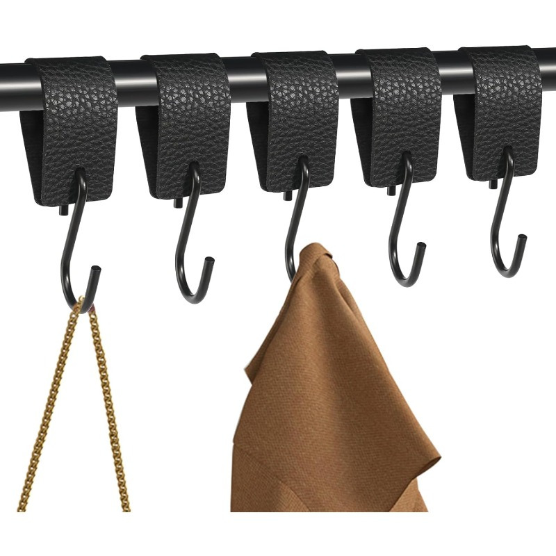 

5pcs Of Hooks, Coat Hooks, Clothing Hooks, Metal Hooks, Hooks With Leather Loop, Camping Hooks For , Clothes Rail, Kitchen, Bathroom, S Hooks In Black With Leather Loop, Utility Hooks