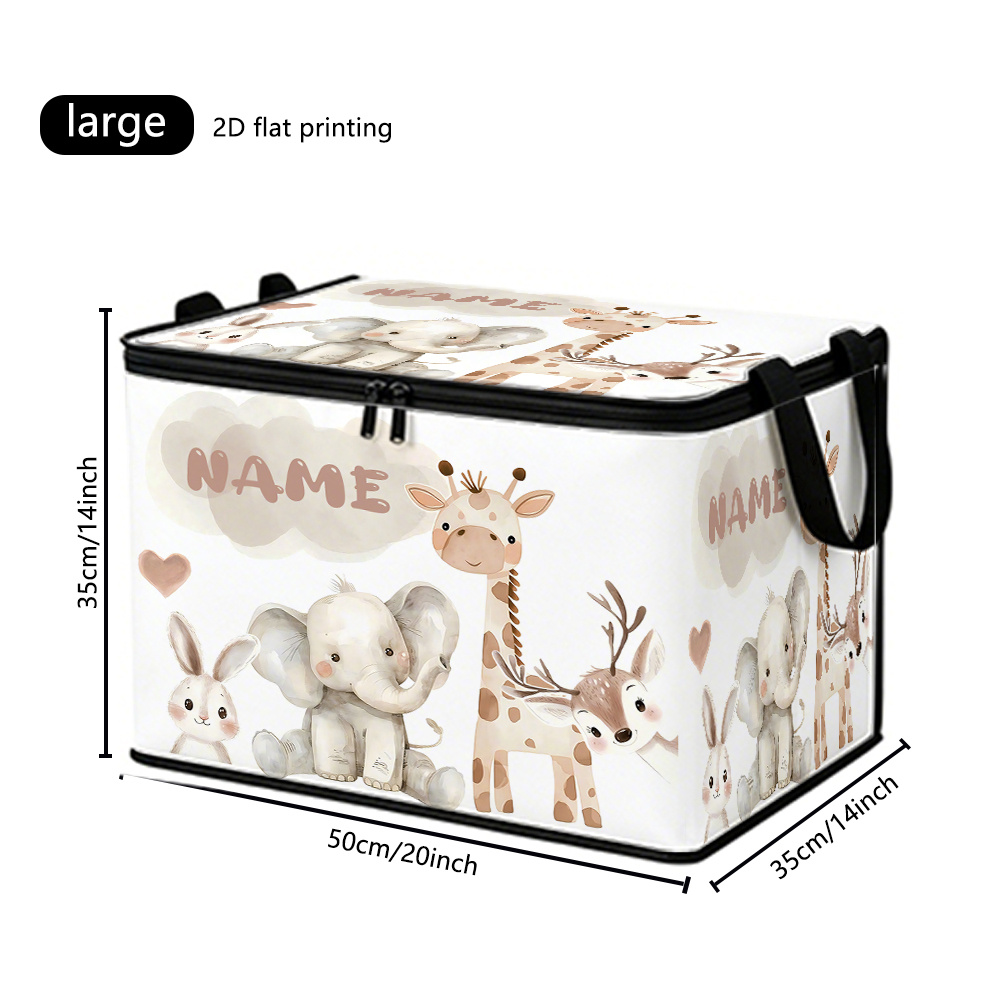 TEMU 1pc Elegant Watercolor Style Rabbit, Elephant, Giraffe Name Custom Printed Soft Fabric Storage Box | Large Capacity With Zipper And Foldable, 2d