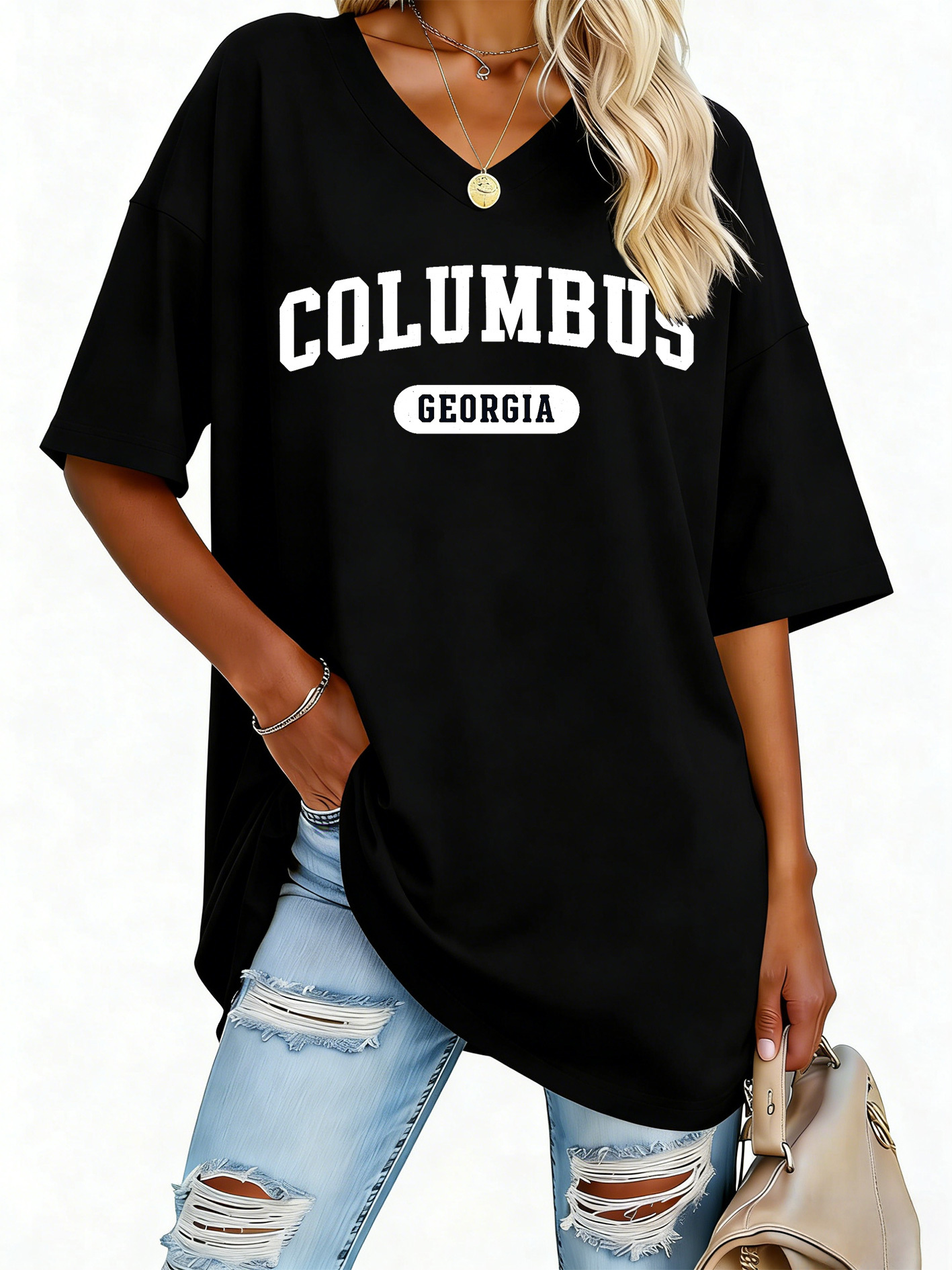 womens fashion v neck tee featuring relaxed drop shoulders