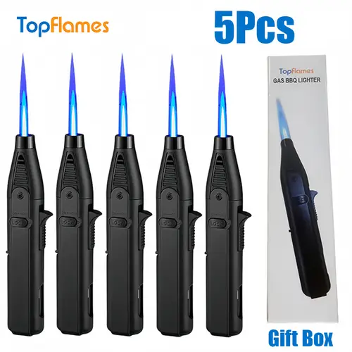 5pcs outdoor windproof butane gas lighter 1300 portable butane gas refill lighter blue flame lighter with safety lock suitable for candles barbecue stove walls excluding butane gas