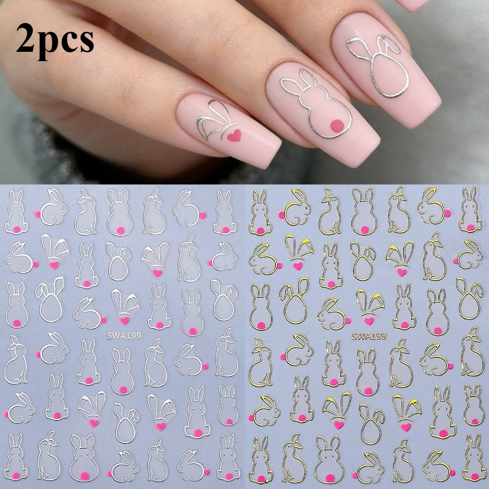 Image of 2pcs Rabbit Nail Stickers, Cute Golden And Heart-shaped Ears Self-adhesive Nail Decorations, Easter Holiday Nail Accessories, Diy Nail Supplies