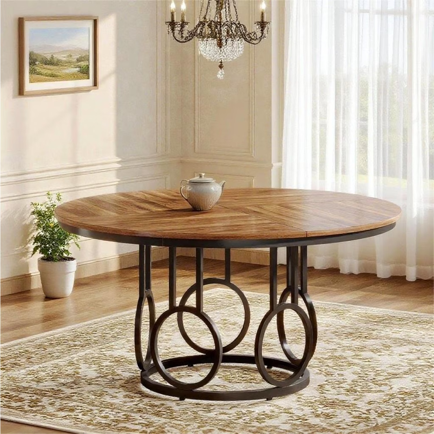 47.24' Modern Round Dining Table For 4 With Wood Tabletop, Kitchen Table For Dining Room, Brown