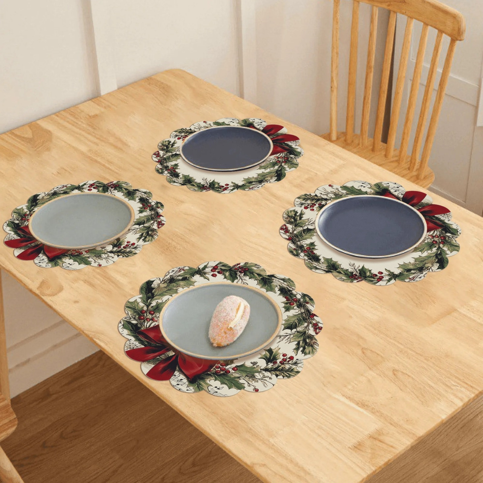 4pcs vintage wreath design round placemats with musical notes and red bow non slip machine washable polyester table mats for christmas   banquet and party dining decor Product details 6