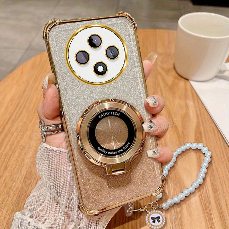 TEMU Phone Case: Reno 12fs 5g New Stylish Bead Lanyard Chain Bracelet Luxury Ring Bracket Folding Stand Holder Plating Phone Case For Oppo Reno 12 Fs