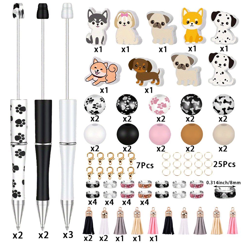 TEMU 7 Sets Of New Cute Puppy Bead Bead Tassel Lobster Button Ballpoint Pen Set, Suitable For Handmade Bead Decoration Of Office Supplies, Holiday