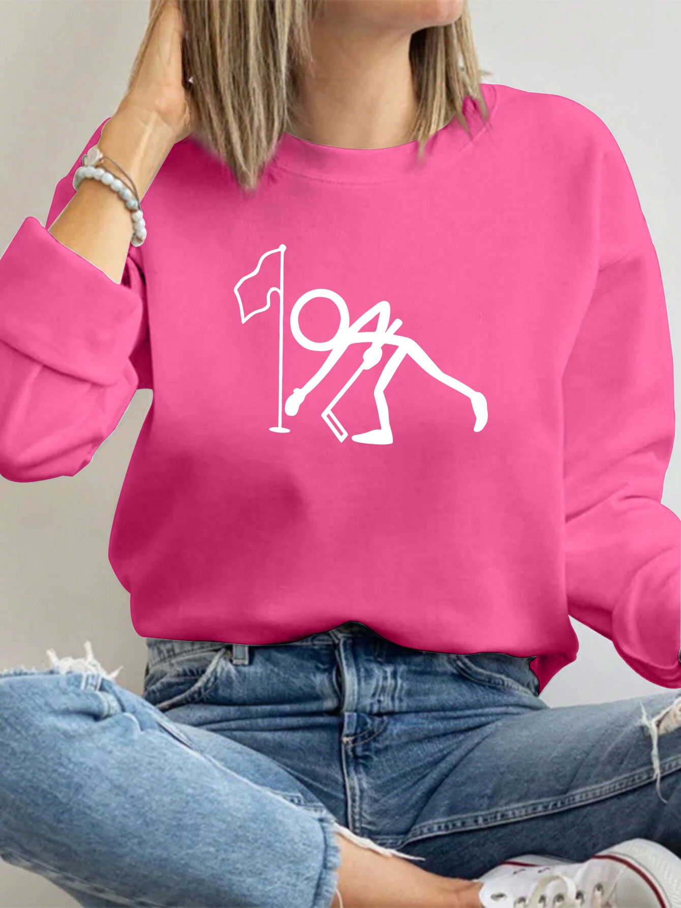 Women's Golf Graphic Long Sleeve Sweatshirt Black Winter Warm Round  Neck Pullover, Machine Washable Sporty Top for Golf Enthusiasts, La - Main Image