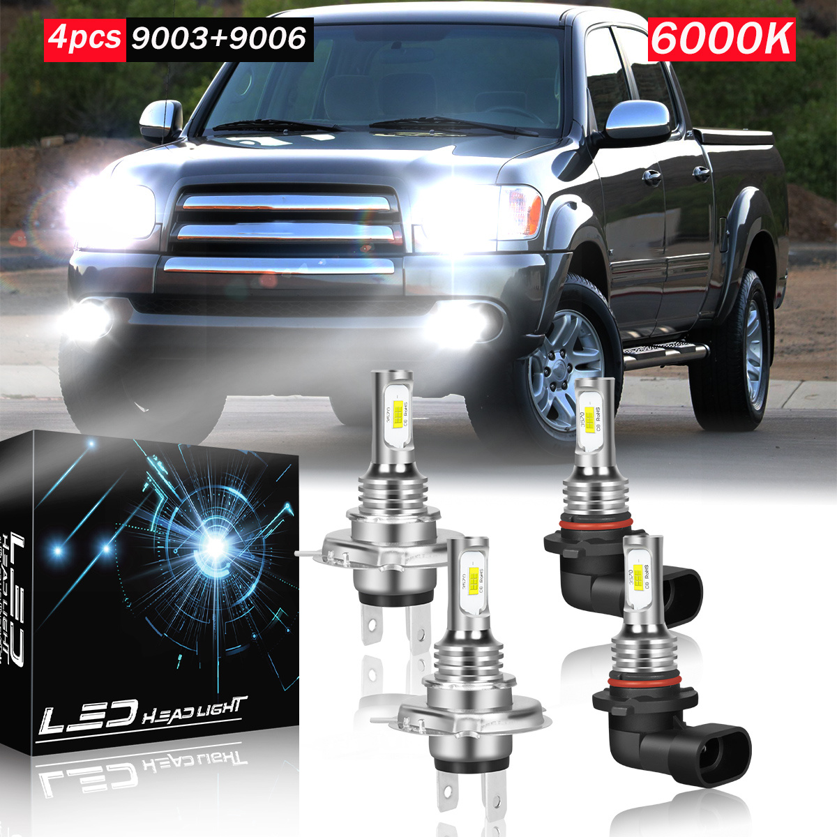 

Car Accessories, For Toyota Tundra 2000-2006 Led Headlight Bulbs 9003/h4 High/low Beam+9006 Fog Lamp Bulbs, 6000k Ultra Light, 4pcs