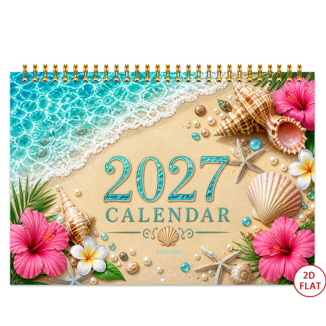 TEMU 1pc, 2027 Seaside Beach Calendar, B5 Size, Us Holiday-marked Monthly Calendar, Large Writing Space, Supports Wall Hanging, 12-month Yearly