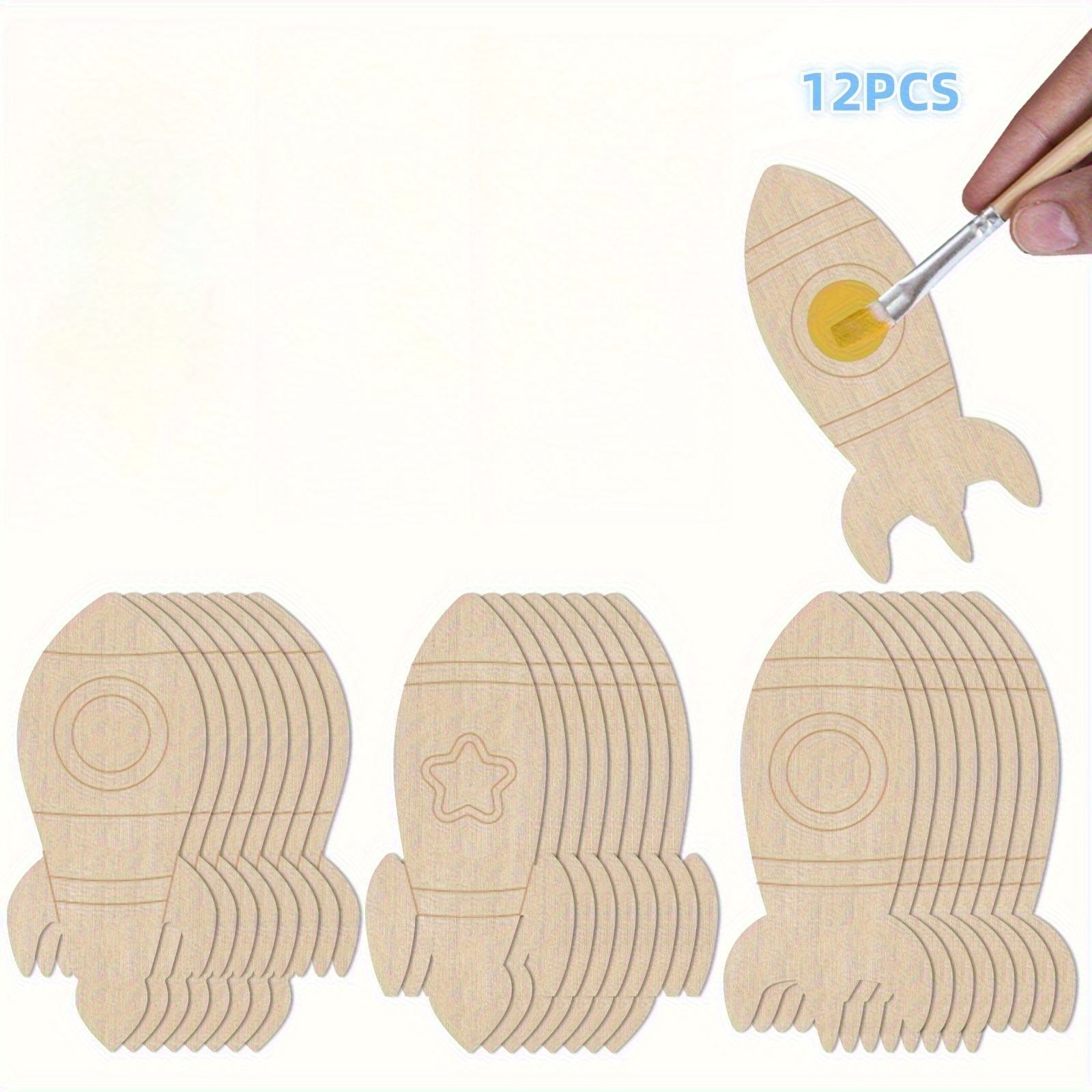 Image of 2d Flat, 12 Unfinished Wooden Rocket Slices For Painting And Doodling, Suitable For Mother's Day And Father's Day Decorations, Family Holiday Decor, Blank Wood Pieces Without Paintbrush, 2d Flat