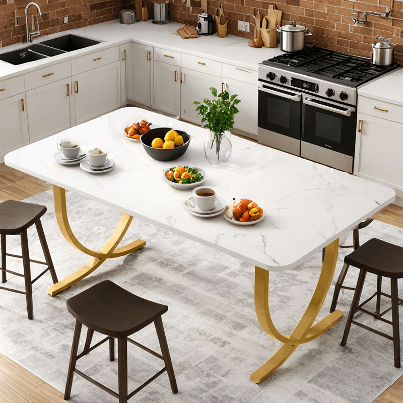 Rectangular Dining Table For 4 To 6, 63-inch Modern Kitchen Table With Marble Table Top And Metal Legs For Dining Room, Kitchen Or Living Room