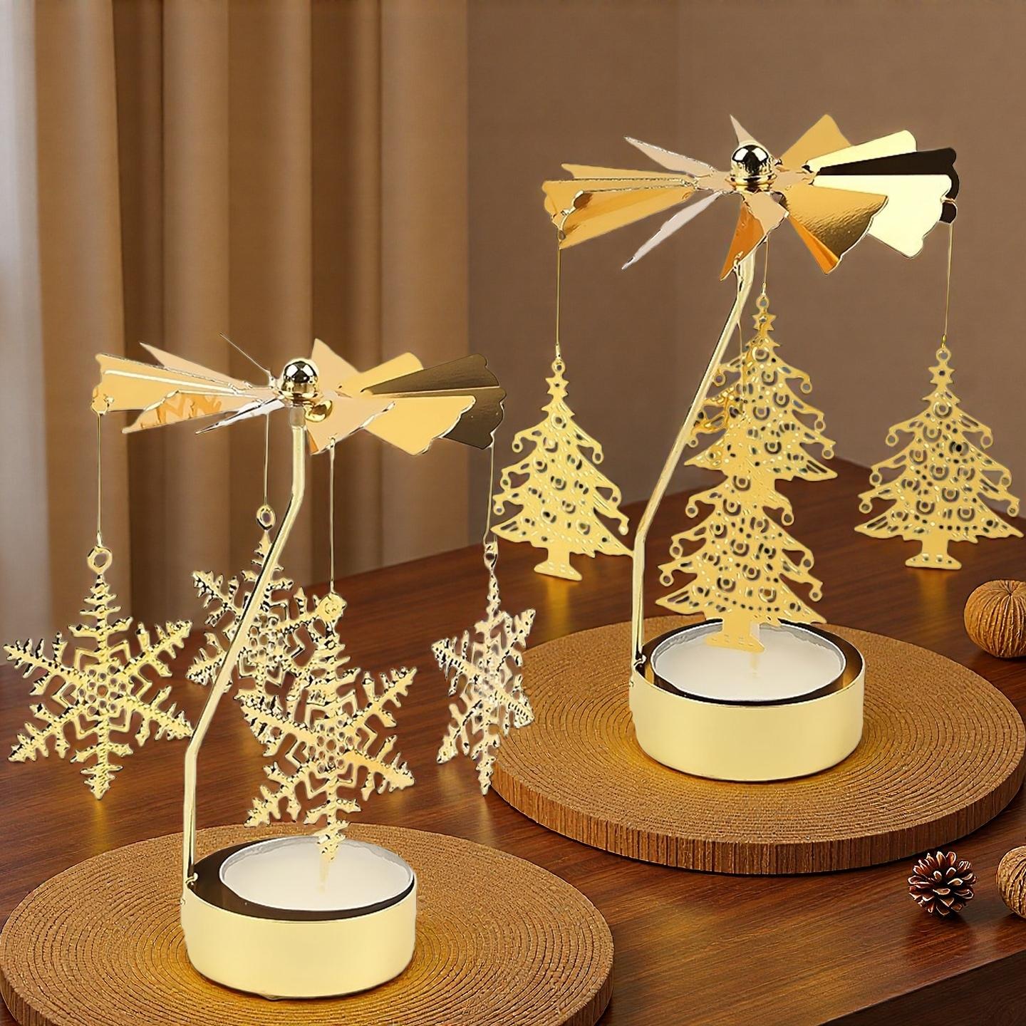 TEMU Set Of 2 Christmas Rotating Candle Holders, Featuring Metal Snowflakes And Christmas Tree Hanging Designs, Perfect For Decorations In Living