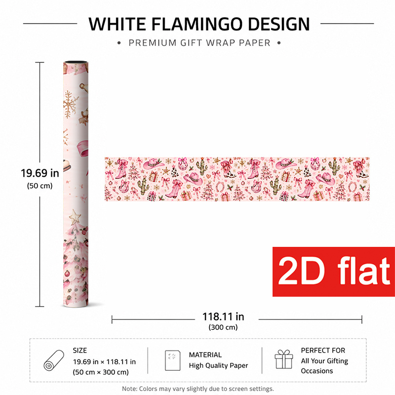 TEMU de Noël Supérieur 2D Plat 1 Rouleau 50x300cm (19.7x118.1in) pour les Fêtes d'Hiver, Emballage Cadeau avec Bottes de Cowboy Roses, de Neige, de