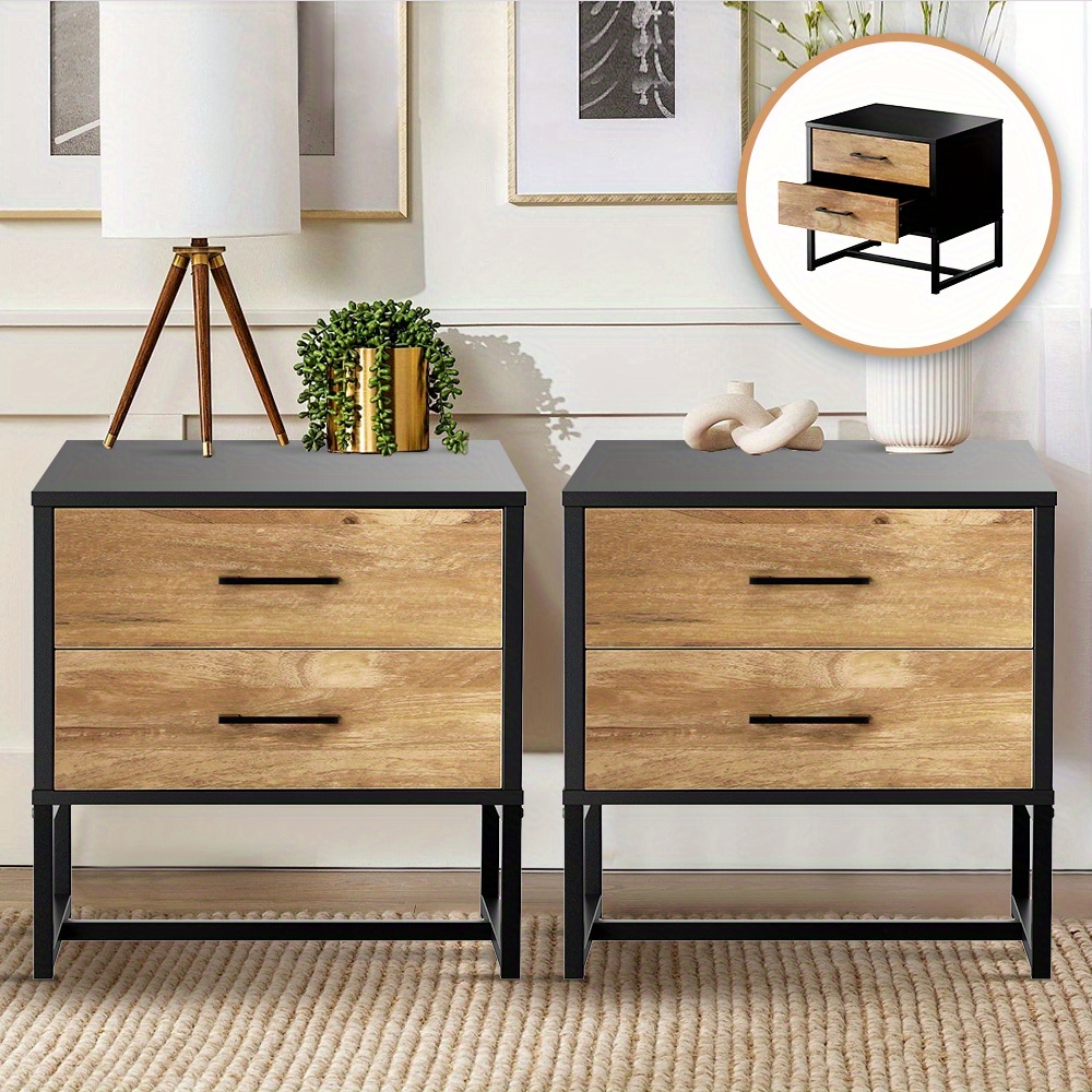 TEMU Set Of 2 Bedside Tables Featuring 2 Drawers, Storage. Nightstands Are Wooden Furniture Pieces With A Metal Frame And Wood End, Ideal For Your