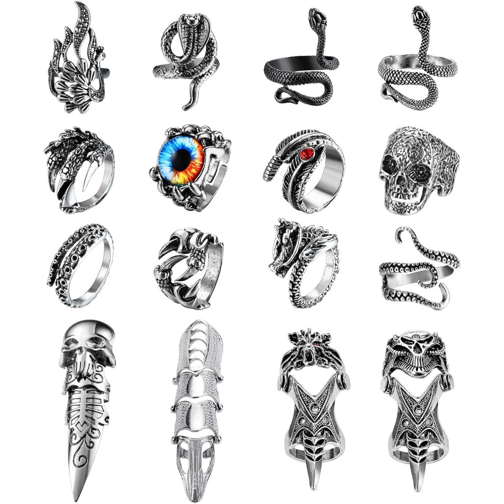 16pcs Vintage Punk Rings Gothic Rock Knuckle Joint Full Finger Rings Set Dragon Snake Claw Skull Octopus Adjustable For Halloween Vampire Cosplay Party, For Teenager, For Teenager