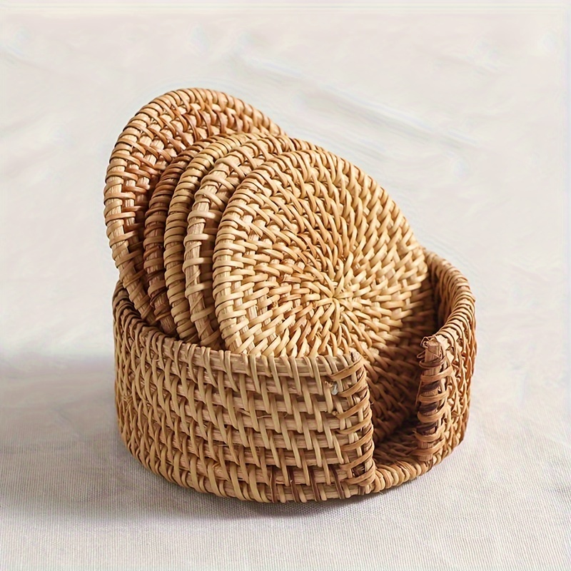 Set of 6 Handcrafted Rattan Coasters Plus 1 Woven Storage Accessory for Tea Sets, Designed for Gongfu Tea, Serving As an Insulation Pad And Heat-Resistant Kitchen Utensil Pad