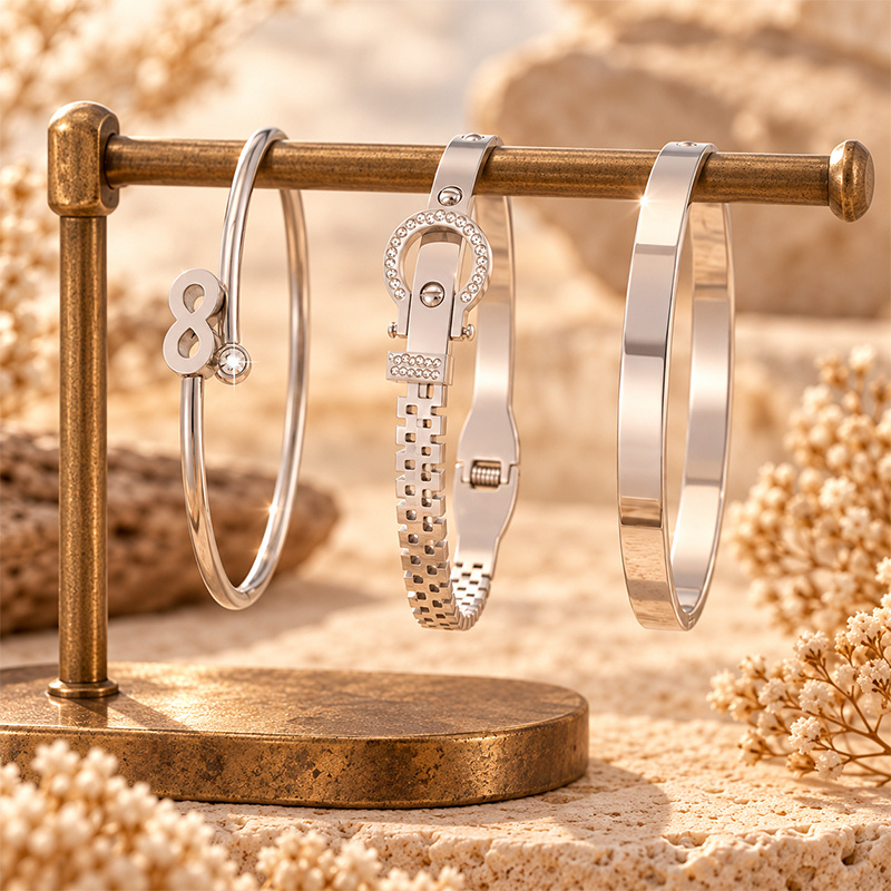 3pc Street Style Metal Bangle Set, Rhinestone & Infinity Design