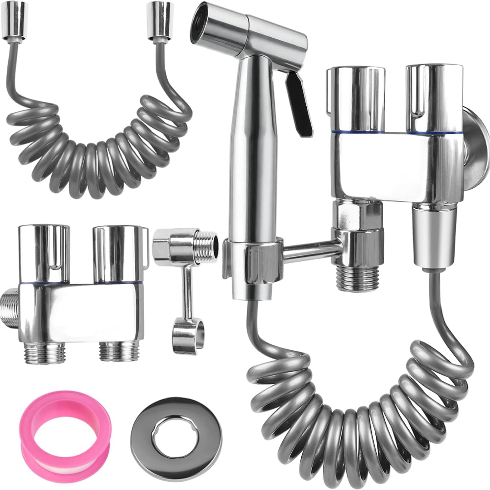 1set Handheld One-in-two-out Double-handle Double-control Faucet, Equipped With 2m Retractable Hose, Standard G1/2-inch Tap, Providing Powerful Spray And Cleaning