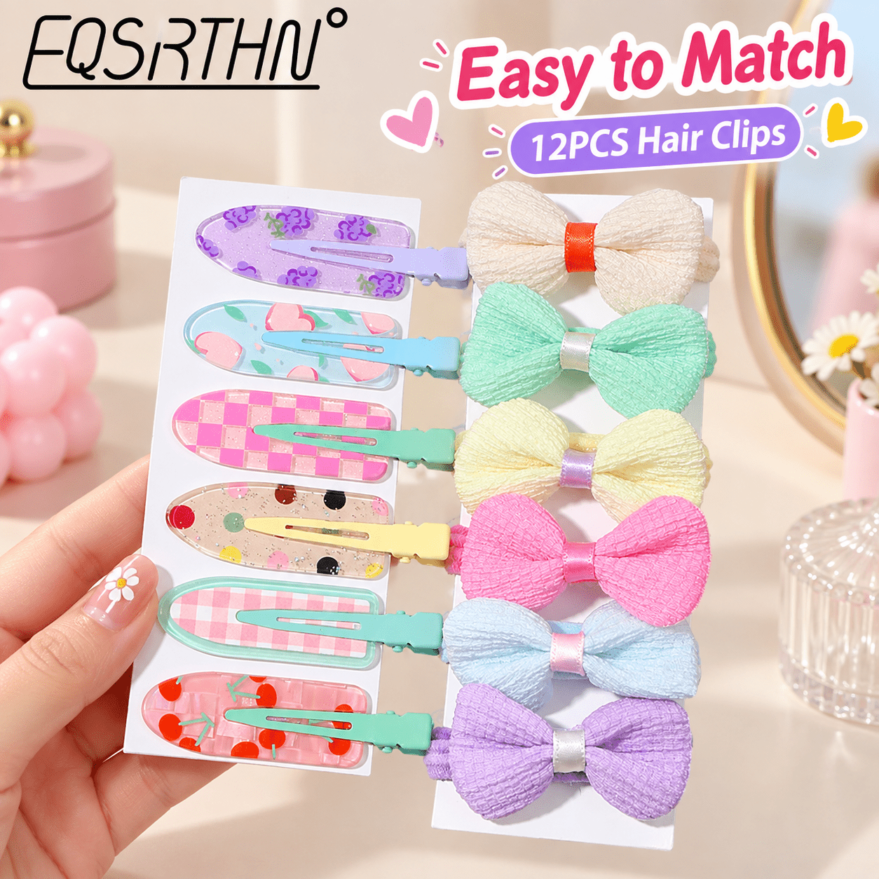 12pcs Cute Bow Hair Clips with Snap Design