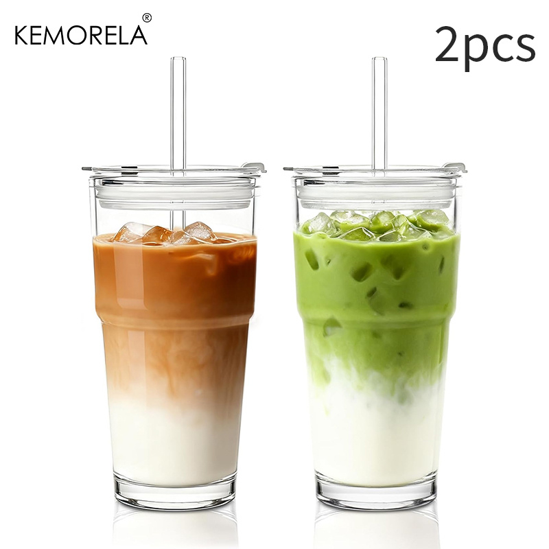 TEMU Kemorela 380/600ml Smooth Glass Tumbler (with Lid & Straw) - 1 -pack | Thickened, Durable Drinking Cup For Smoothies, Coffee, & Matcha | Lidded