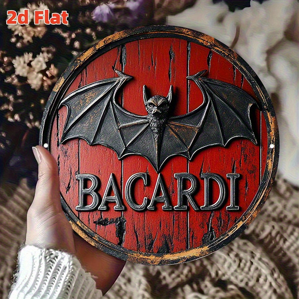 2d flat bacardi bat logo vintage metal sign authentic cuban spirits decor with red background heavy duty aluminum bar plaque 7 8x7 8 indoor outdoor hanging wall art for   or bacardi collector gifts retro rum brand decoration   decor weathered   tropical aesthetic         2d flat   room decor