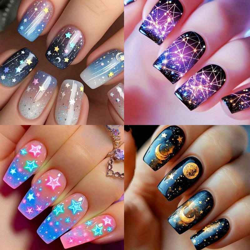 TEMU 96pcs Glittery Starry Ballet Press-on Nails (4pcs) - Long Coffin Shape, Sky Blue & Pink Ombre With Multicolor Stars, Removable & Reusable Fake